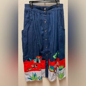 Vintage Denim Embroidered Farm Cow Button Down Skirt Sz L